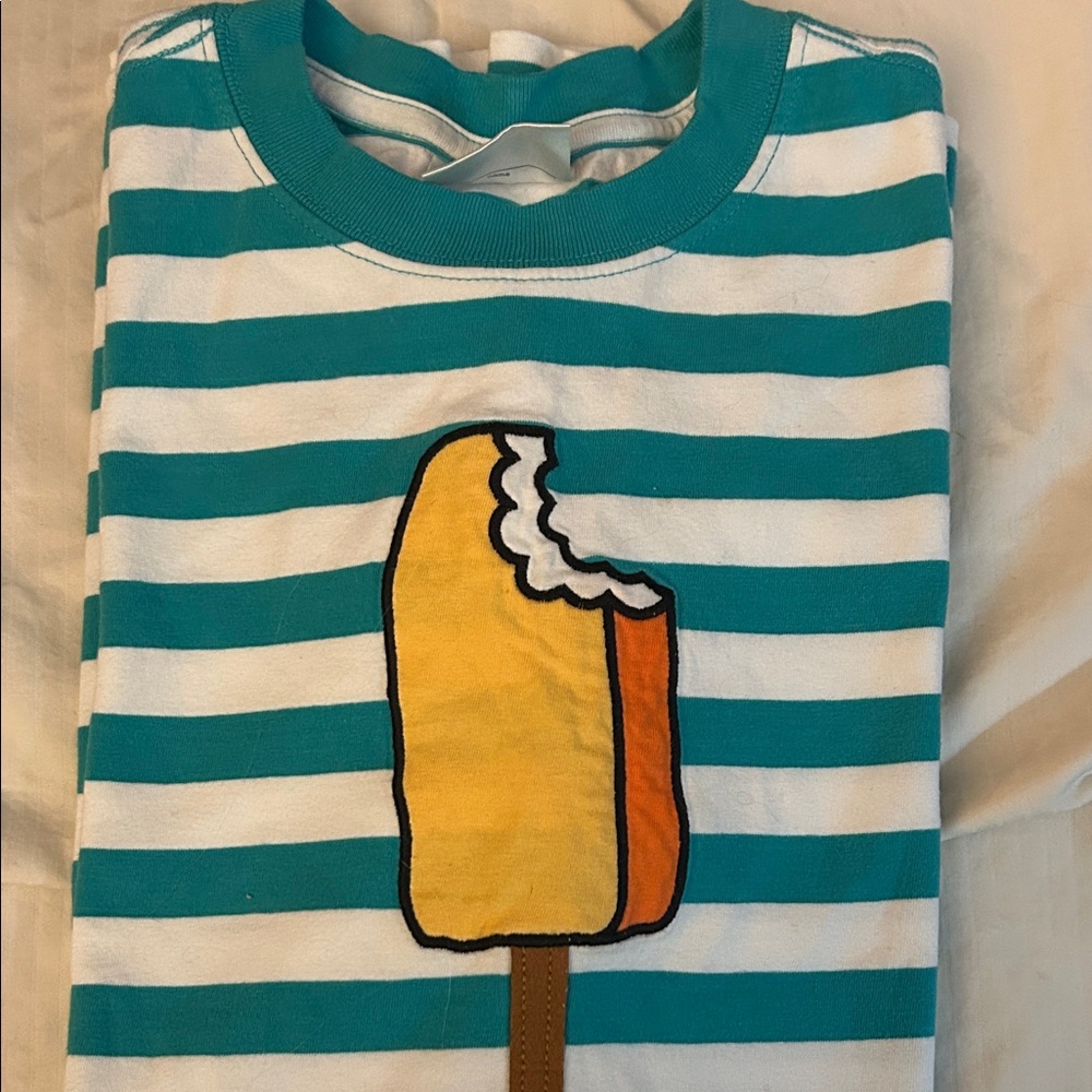 Hanna Andersson Teal and White Striped Shirt with Ice Cream Design